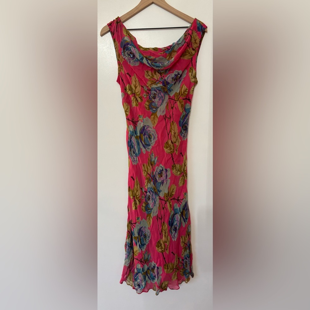 Women Pink Floral Print Cowl Neck Beaded Sleeveless Dress Size Large